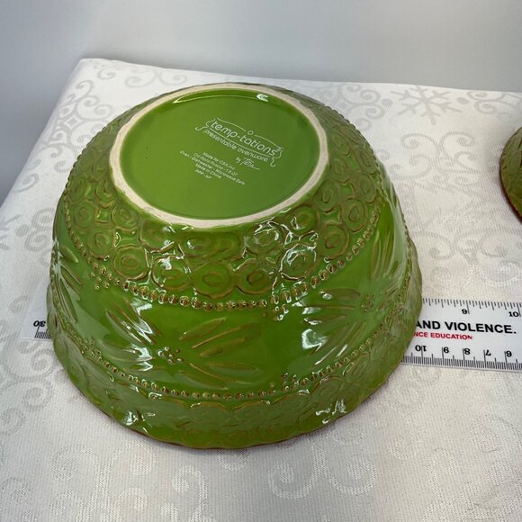 Temptations Old World Rustic Green Mixing Bowls Set Of Two Durable Embossed Oven - Picture 7 of 10